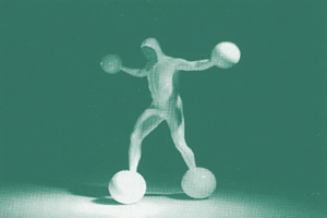 man walking on ball-feet trying to keep the balance