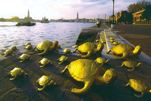 golden plastic turtles coming out from the water in the lagoon of venice